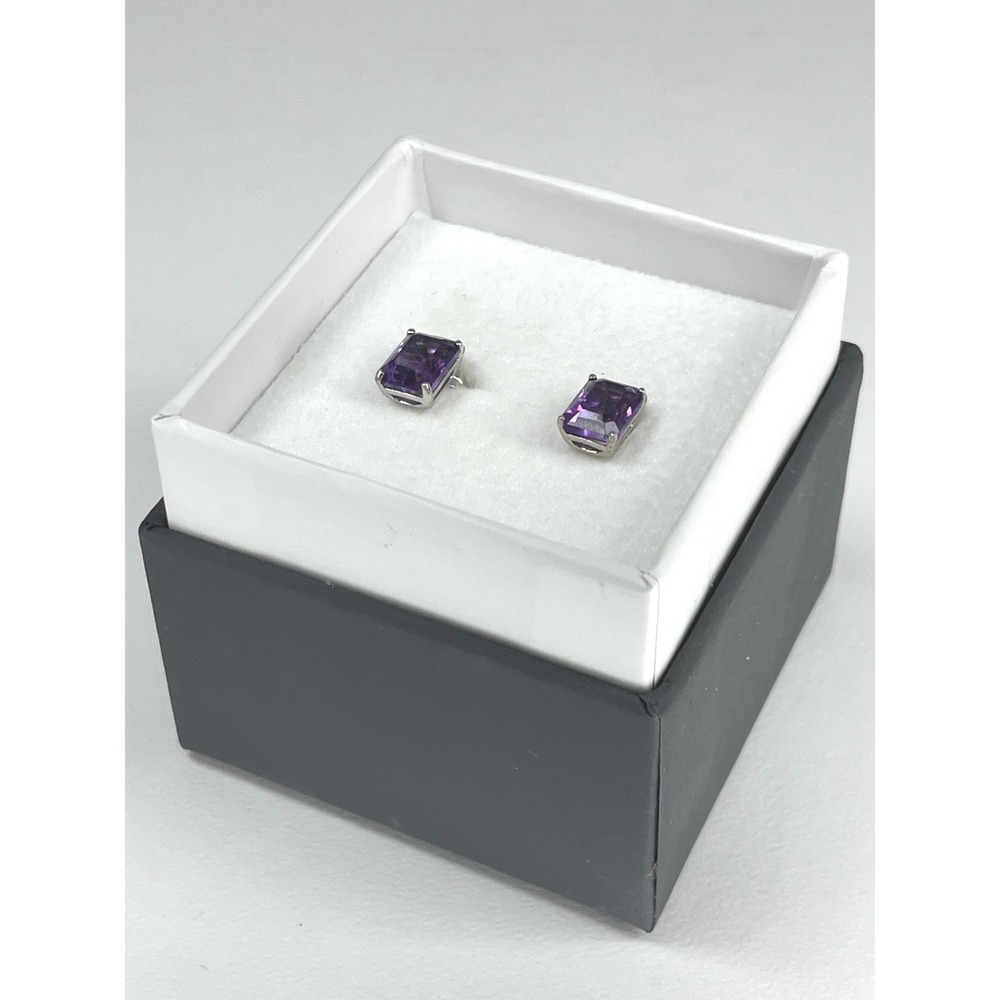 Genuine Amethyst Emerald‎ Cut Sterling Silver Stud Earrings Purple Gemstone New